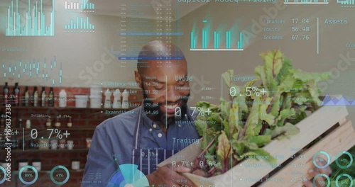 Vendor lifting wood crate and showing greens at counter, showcasing while finance charts overlaying