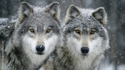 Two gray wolves in snowy forest, looking alert