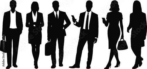 Silhouette of diverse business people team wearing formal suits and holding smartphones and briefcases for corporate success and professional office teamwork concept on white.