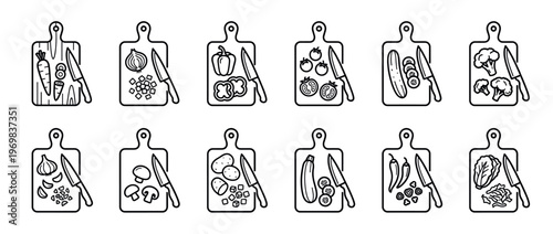 Vegetable cutting board icons with knives and various fresh produce being chopped for healthy cooking preparation.