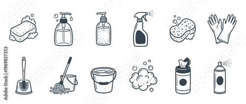 Cleaning supplies and tools doodle icons set featuring various household hygiene products and equipment for domestic chores.