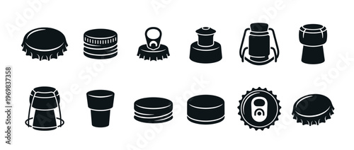 Collection of various bottle caps, stoppers, and closures for beverages, including crown caps, screw caps, corks, and pull tabs, in a silhouette style.