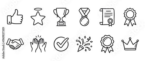 Success achievement recognition award icons set featuring various symbols of victory, quality, and positive feedback in a clean line art style.