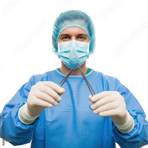 A surgeon wearing a surgical mask and holding surgical scissors isolated on transparent background