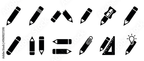 Pencils and stationery icons set featuring various writing tools, drawing instruments, and creative symbols for education and design.