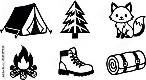 Black and white camping icons with tent campfire boot tree and fox
