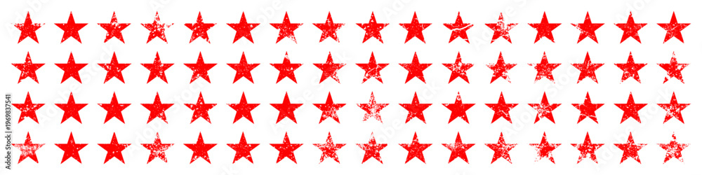Obraz premium Red vintage stars with cracks and stains. Old hand-drawn sign, black simple shape. Retro design element with distressed effect, grunge texture. Vector illustration
