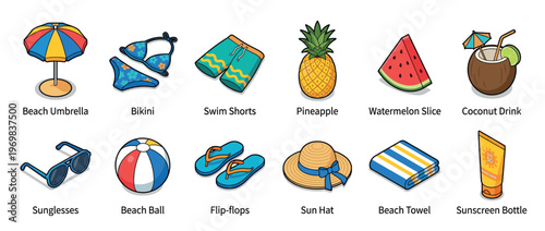 Colorful isometric summer and beach vacation items set featuring umbrella, bikini, shorts, pineapple, watermelon, drink, sunglasses, ball, flip-flops, hat, towel, and sunscreen.