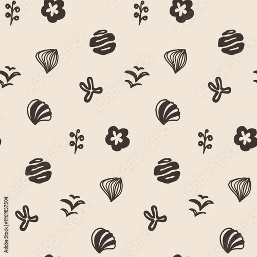 Seamless abstract pattern hand drawn organic doodle shapes background. Neutral minimal design for textile, packaging and modern decoration