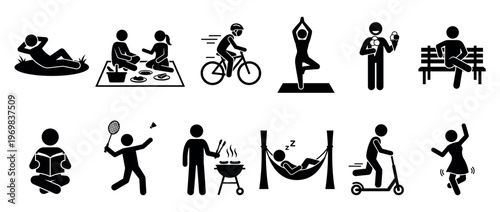Stick figures engaged in various outdoor leisure activities like cycling, picnicking, yoga, reading, and grilling, representing recreation and relaxation.
