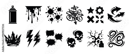 Collection of street art elements, including spray paint can, dripping ink, paint splatters, graffiti swirls, skulls, crowns, and various grunge symbols.