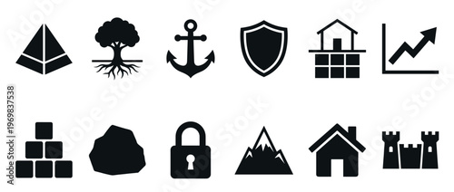 Collection of various stability and security icons representing foundational concepts, growth, and natural elements in a modern graphic design.