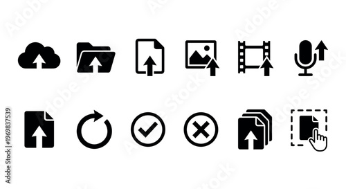 Collection of black user interface icons representing various actions like uploading files, refreshing data, and indicating success or error status for web and app design.