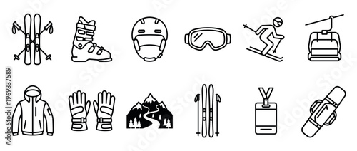 Skiing and snowboarding equipment icons set featuring various winter sports gear, apparel, and related elements for alpine activities.