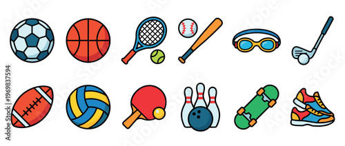 Colorful collection of various sports equipment including balls, rackets, shoes, and other gear for different athletic activities.