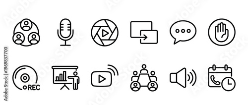 Communication, media, and meeting line icons set for digital interface, online collaboration, and business presentation concepts.