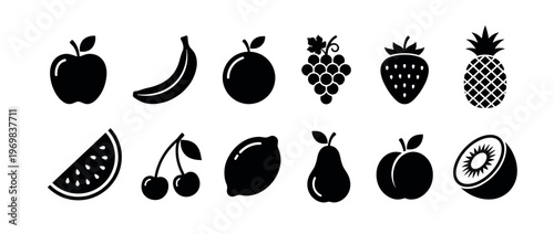 Various fruit icons collection featuring common healthy food items in a simple black silhouette design for nutrition and diet concepts.