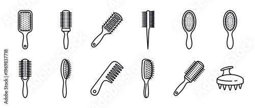 Collection of various hair brushes, combs, and styling tools depicted as outline icons for beauty and grooming concepts.