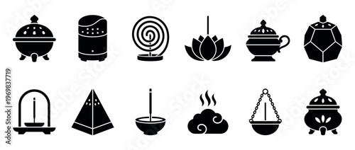 Incense burners, diffusers, and aromatic spiritual items glyph icons set for meditation, relaxation, and traditional ceremonies.