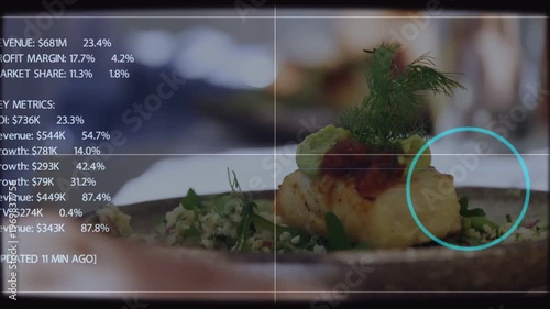 Plated dish staying still grid appearing, cyan ring tracking dish, HUD forming, showing dining ROI
