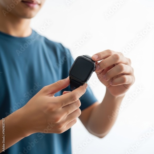 Person Holding Smartwatch Fitness Tracker Isolated on White Background