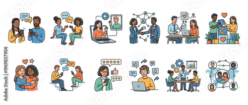 Diverse people engaging in various forms of communication, social networking, business collaboration, and community building activities.