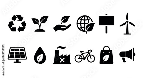 Collection of environmental icons and eco-friendly symbols representing sustainability, renewable energy, recycling, and nature conservation.