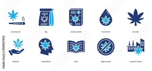 Cannabis and weed Icon Set Collection Pack Banner Web Vector Illustration  Concept. Containing Cannabis joint, Bag, medical cannabis, Cannabis Oil, Cannabis icon