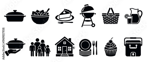 Food cooking family home picnic barbecue themed silhouette icons representing various domestic and outdoor dining activities.
