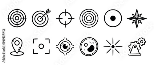 Hand drawn target, focus, and location icons set in a doodle style for various aiming and pinpointing concepts.