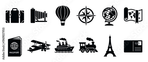 Set of black silhouette travel icons representing various modes of transport, navigation, and vacation essentials for global adventure.