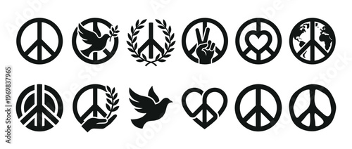 Peace symbols collection featuring various designs like doves, olive branches, hearts, and hands, representing global harmony and anti-war movements