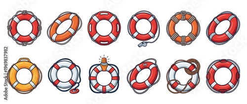 Lifebuoys collection of various safety floatation devices, including red, orange, and white rings with ropes and whistles, essential for water rescue and maritime safety.