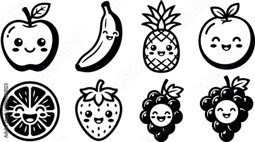 Cute black and white kawaii fruits icons apple banana pineapple grape strawberry orange