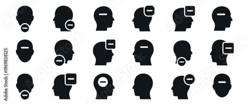 Human head icons with minus signs representing concepts of removal, exclusion, or negative thoughts in a digital context.