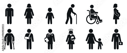 Diverse human figures representing various people, patients, and medical professionals in a comprehensive collection of silhouette icons.