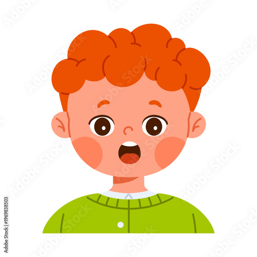 Cute surprised redhead boy character with open mouth. Shocked facial expression concept. Friendly child avatar with emotional reaction. Kid apps and emotions education concept. Vector illustration