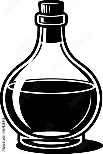 Round glass bottle with stopper containing liquid, vintage decanter for beverage or potion