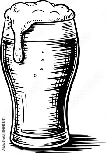 Foamy beer in a glass mug with textured shading and dripping head, classic drinking beverage illustration