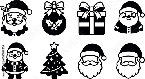 Black and white santa claus christmas icons with gift and tree decorations