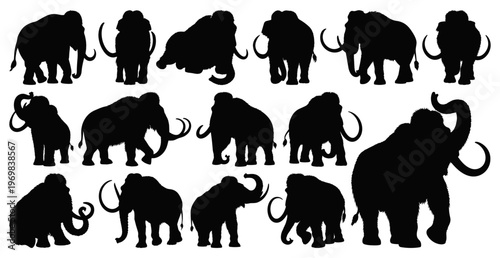 Woolly Mammoth Silhouette Set - Extinct Prehistoric Animal Vector Collection Isolated on Transparent Background
