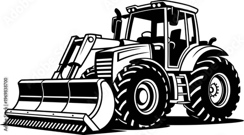 Heavy tractor with front loader attachment for construction and agricultural work, large rugged tires