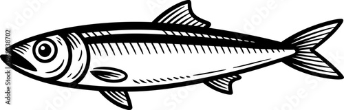 Fresh whole fish illustration with detailed scales, fins, and tail in black and white line art