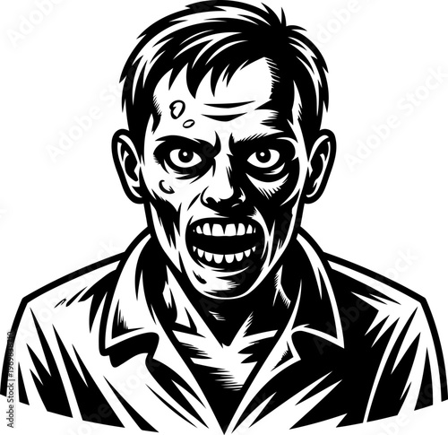 zombie face close up illustration with intense expression and decayed features in black and white