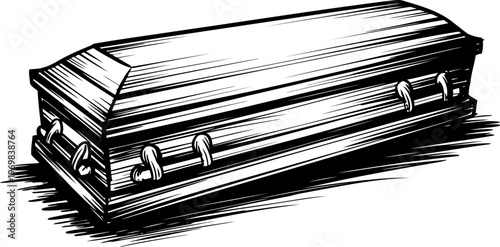 Traditional wooden coffin illustration with metal handles and detailed shadowing for funeral or memorial themes