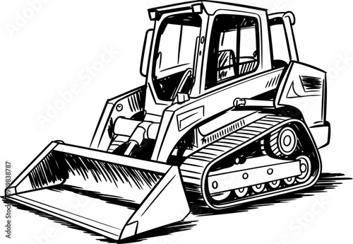 Compact tracked loader with front bucket attachment, industrial construction equipment sketch