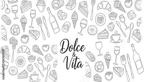 Doodle pattern of sweet desserts pastries and coffee cups for cafe menu background.