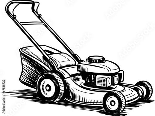 lawn mower with engine and grass catcher garden maintenance tool for cutting grass, outdoor landscaping and yard care