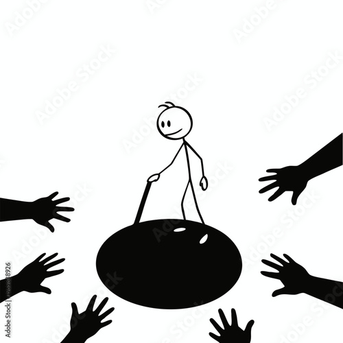 Minimalist line art illustration of a sad stick figure transforming into a confident king with a crown, symbolized by an upward arrow