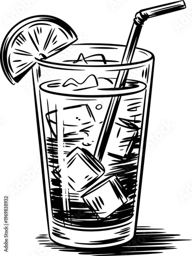 Cold beverage with ice cubes and straw in glass, lemon slice garnish, refreshing summer drink sketch